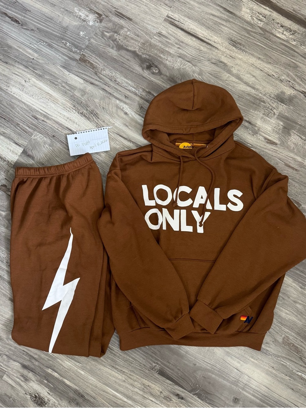 Aviator Nation 'Locals Only' Hoodie & Sweatpants Set in Brown with White Print